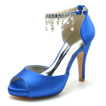 Black Peep Toe Bridal Shoes for Women with Thick Sole Buckle and Pearl Tassel