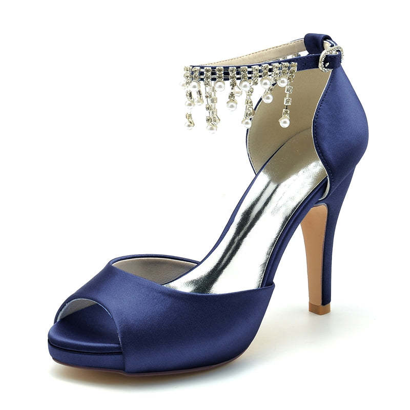 Black Peep Toe Bridal Shoes for Women with Thick Sole Buckle and Pearl Tassel