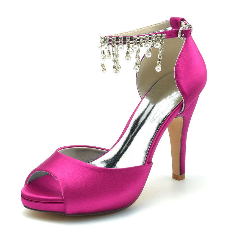 Black Peep Toe Bridal Shoes for Women with Thick Sole Buckle and Pearl Tassel