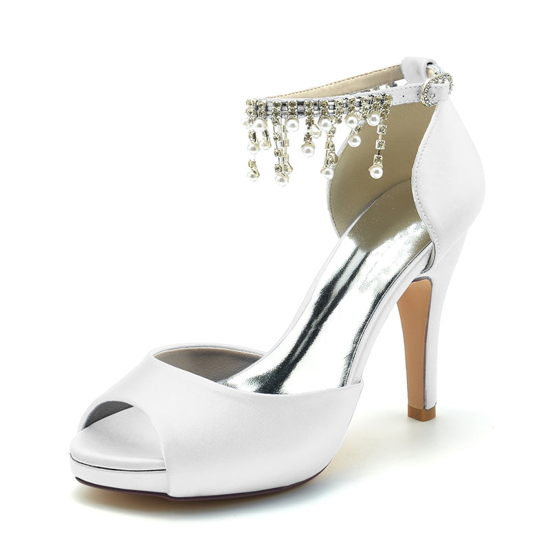 Black Peep Toe Bridal Shoes for Women with Thick Sole Buckle and Pearl Tassel