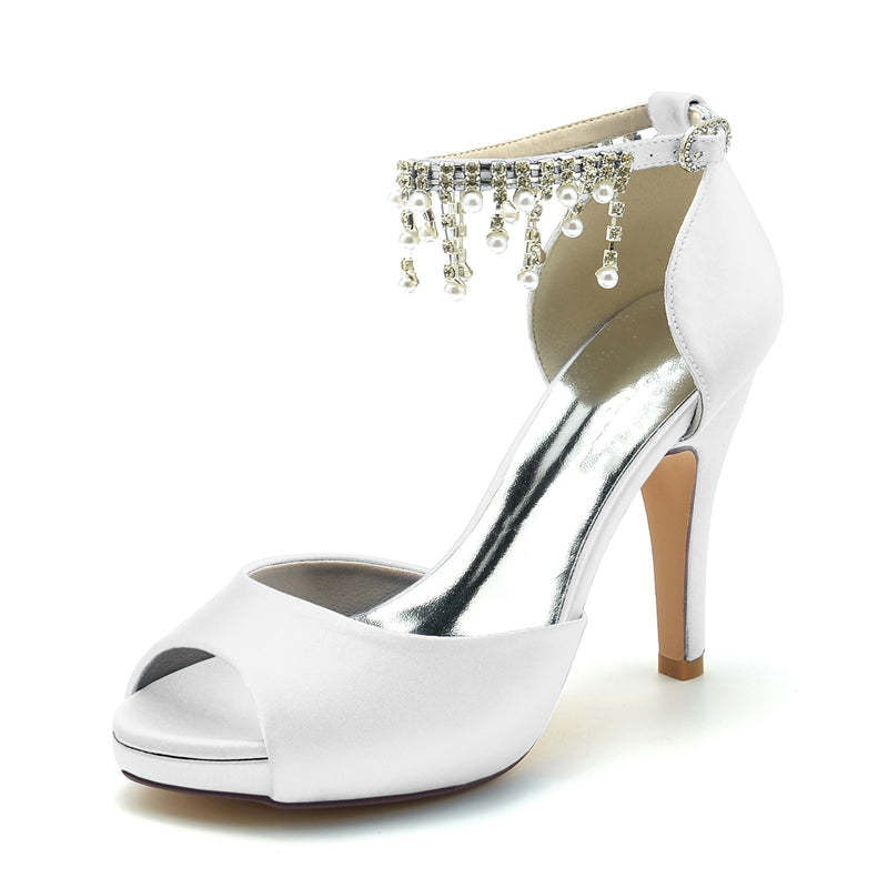 Black Peep Toe Bridal Shoes for Women with Thick Sole Buckle and Pearl Tassel