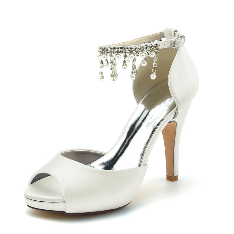 Black Peep Toe Bridal Shoes for Women with Thick Sole Buckle and Pearl Tassel