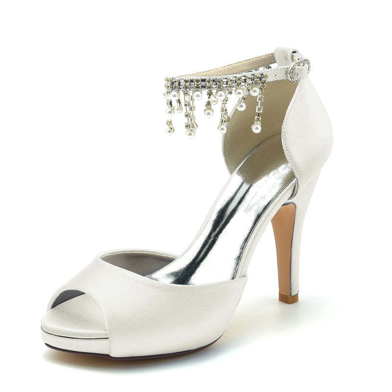Black Peep Toe Bridal Shoes for Women with Thick Sole Buckle and Pearl Tassel