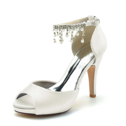Black Peep Toe Bridal Shoes for Women with Thick Sole Buckle and Pearl Tassel