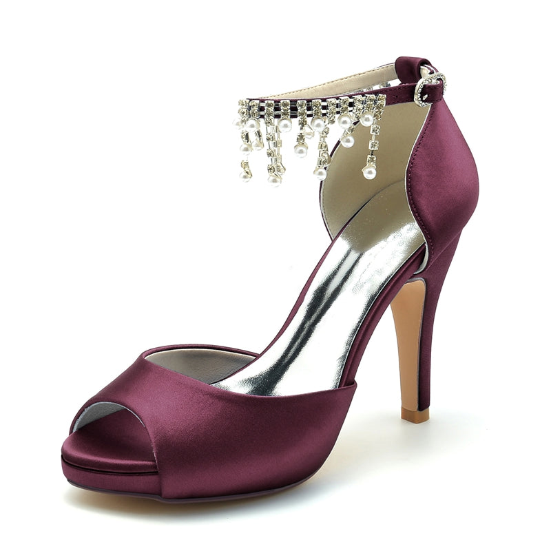 Black Peep Toe Bridal Shoes for Women with Thick Sole Buckle and Pearl Tassel