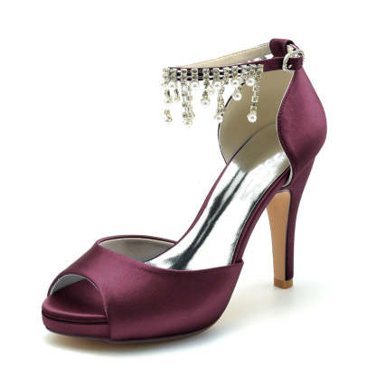 Black Peep Toe Bridal Shoes for Women with Thick Sole Buckle and Pearl Tassel