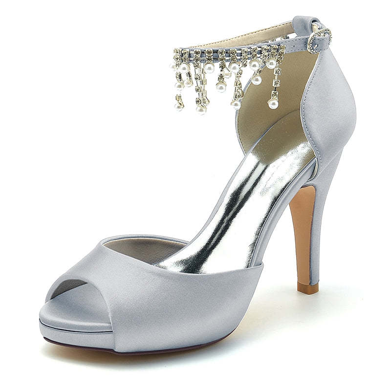 Black Peep Toe Bridal Shoes for Women with Thick Sole Buckle and Pearl Tassel