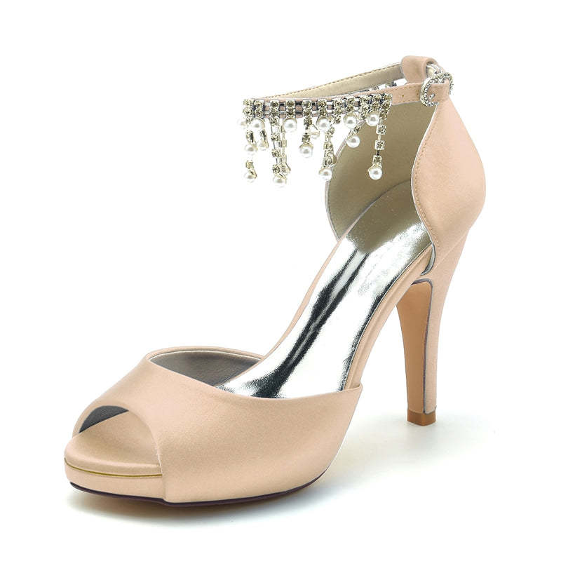 Black Peep Toe Bridal Shoes for Women with Thick Sole Buckle and Pearl Tassel