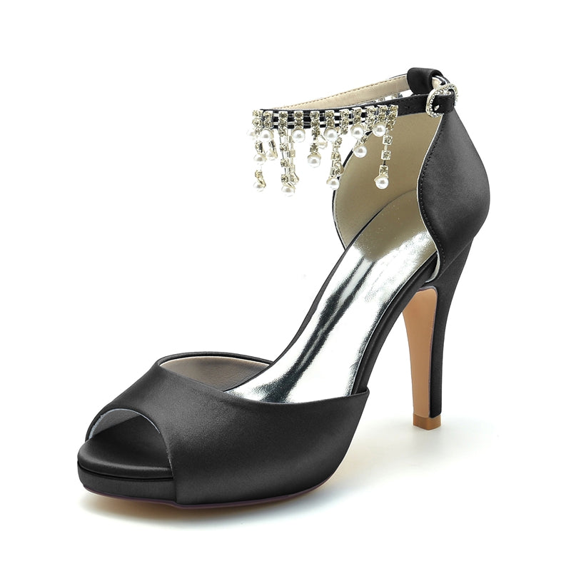 Black Peep Toe Bridal Shoes for Women with Thick Sole Buckle and Pearl Tassel