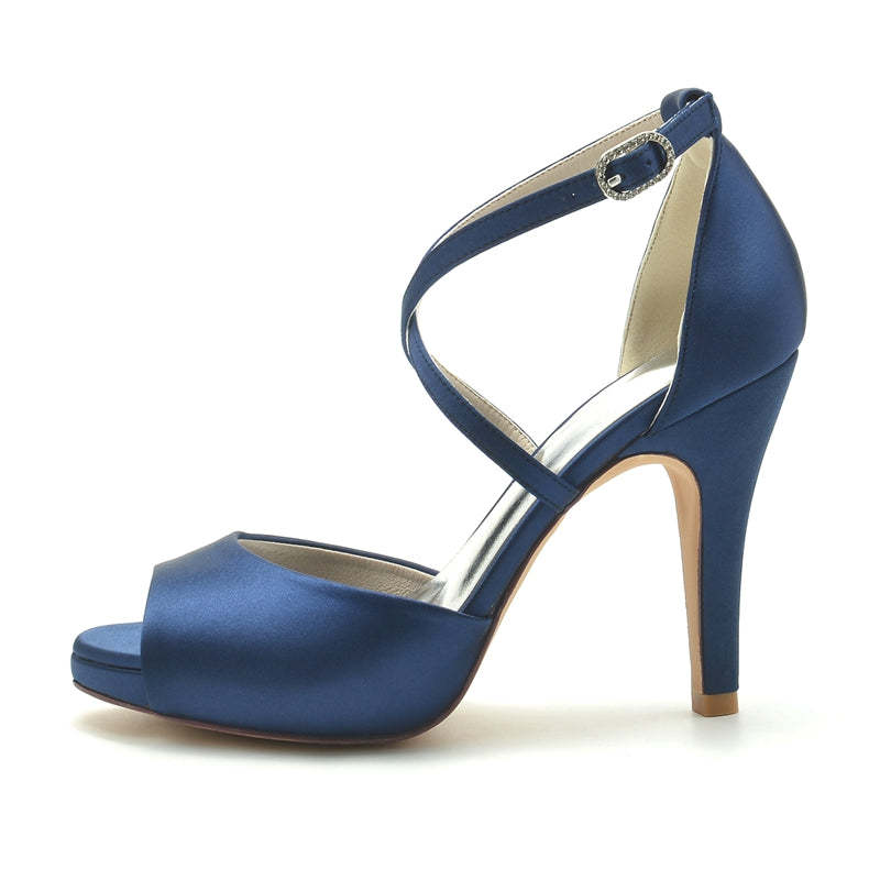 Elegant Silver Bridal Shoes for Women with Thick Heels and Crossed Straps