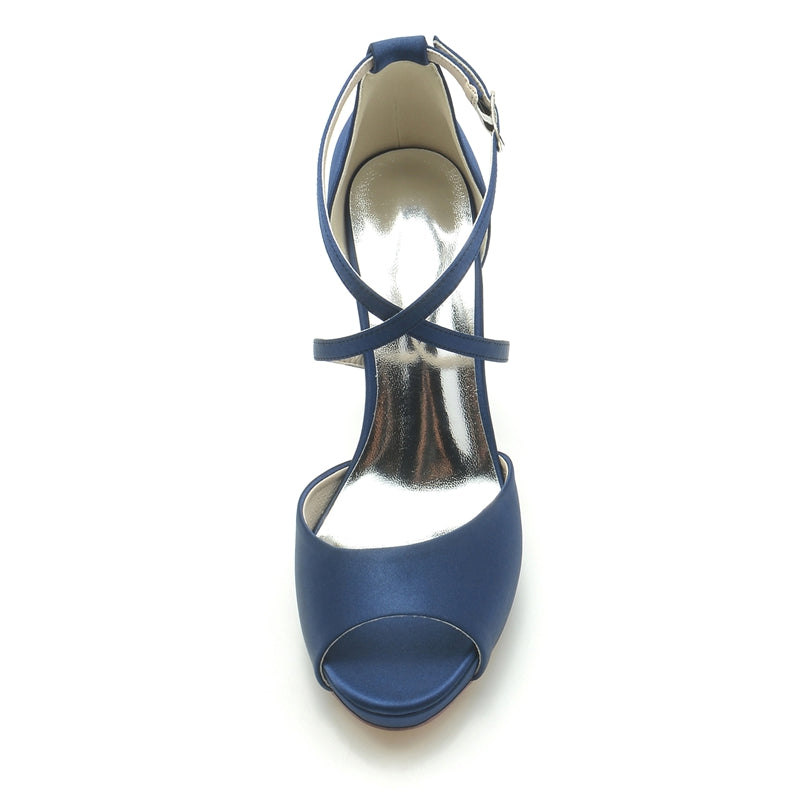 Elegant Silver Bridal Shoes for Women with Thick Heels and Crossed Straps