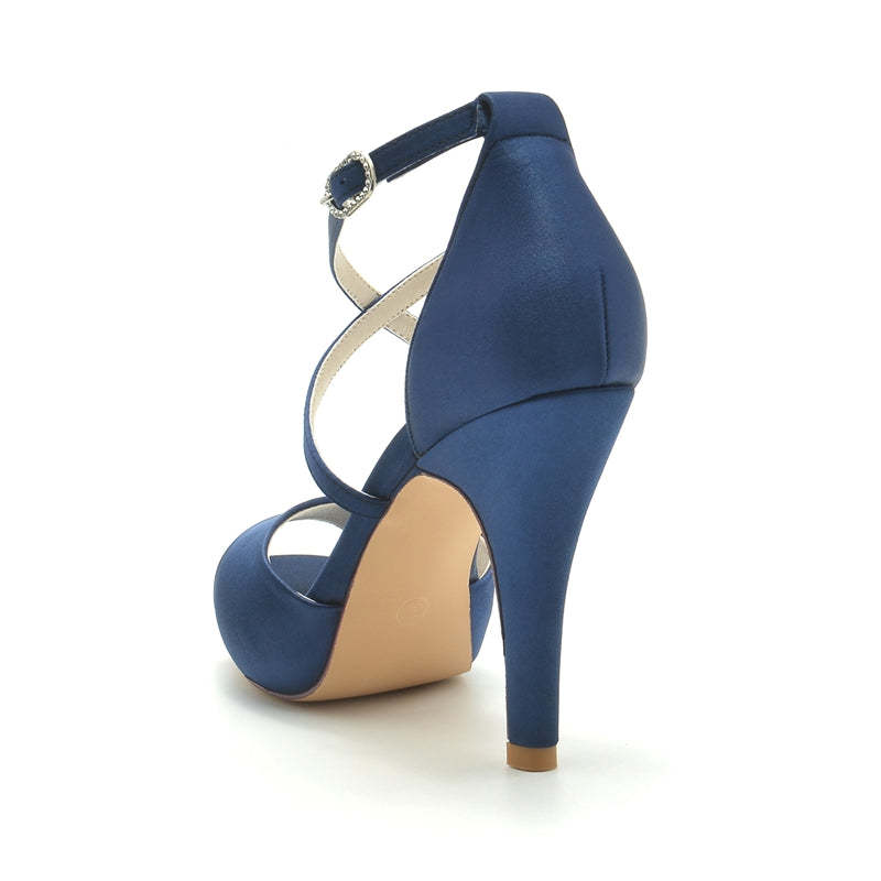 Elegant Silver Bridal Shoes for Women with Thick Heels and Crossed Straps