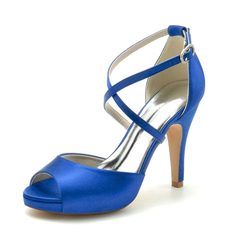 Elegant Silver Bridal Shoes for Women with Thick Heels and Crossed Straps