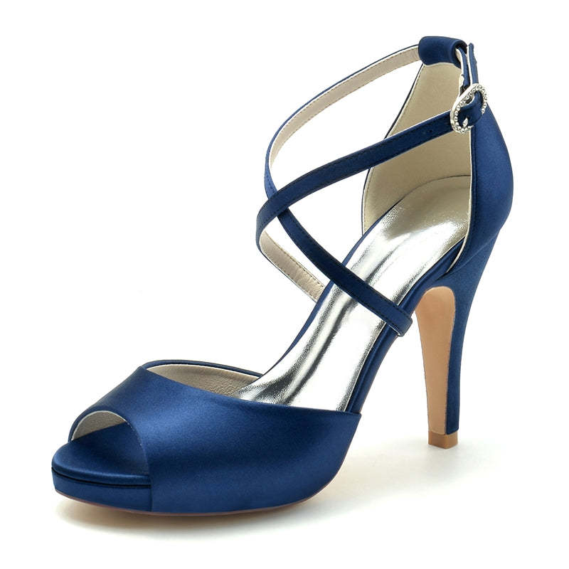 Elegant Silver Bridal Shoes for Women with Thick Heels and Crossed Straps