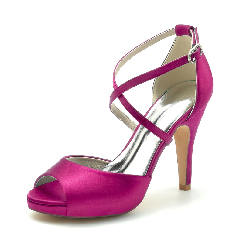 Elegant Silver Bridal Shoes for Women with Thick Heels and Crossed Straps