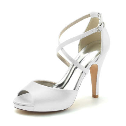 Elegant Silver Bridal Shoes for Women with Thick Heels and Crossed Straps