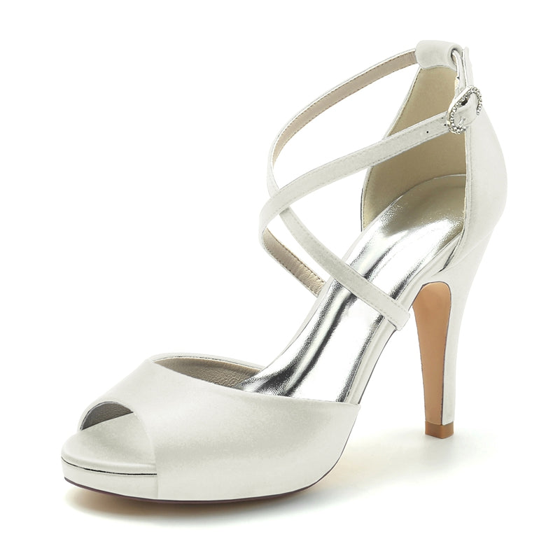 Elegant Silver Bridal Shoes for Women with Thick Heels and Crossed Straps