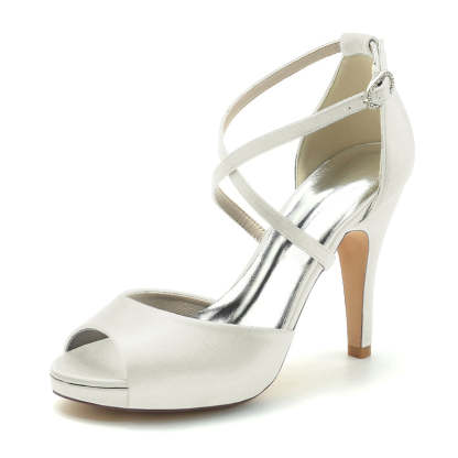 Elegant Silver Bridal Shoes for Women with Thick Heels and Crossed Straps