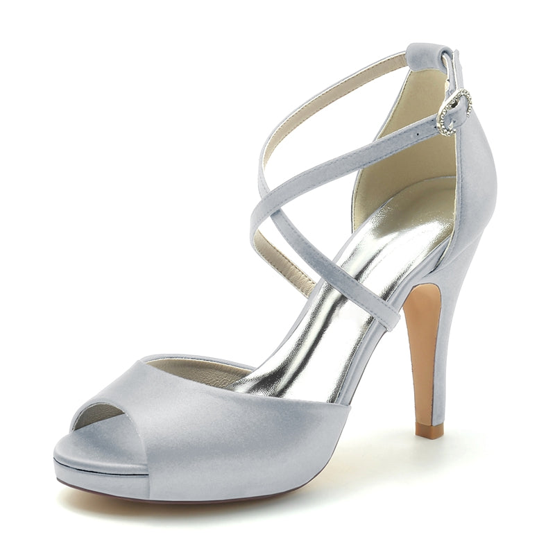Elegant Silver Bridal Shoes for Women with Thick Heels and Crossed Straps