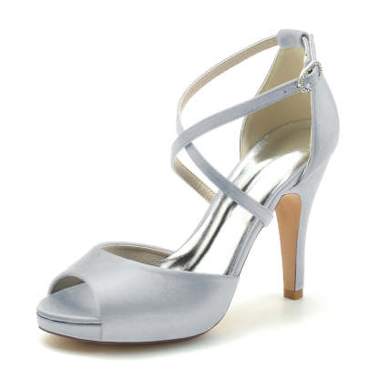 Elegant Silver Bridal Shoes for Women with Thick Heels and Crossed Straps