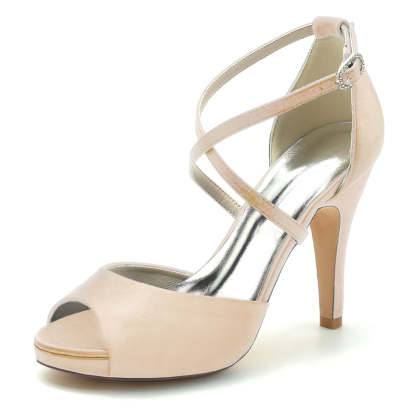 Elegant Silver Bridal Shoes for Women with Thick Heels and Crossed Straps