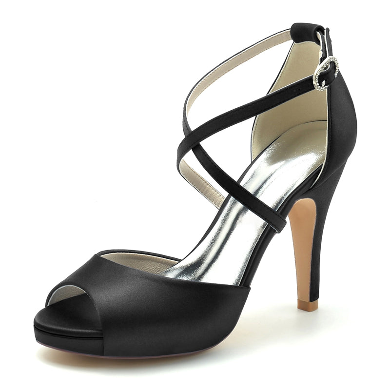 Elegant Silver Bridal Shoes for Women with Thick Heels and Crossed Straps