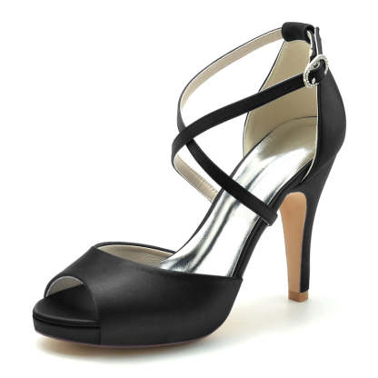 Elegant Silver Bridal Shoes for Women with Thick Heels and Crossed Straps