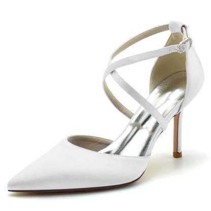 Bridal High Heel Shoes for Women with Pointed Toe and Crossed Straps