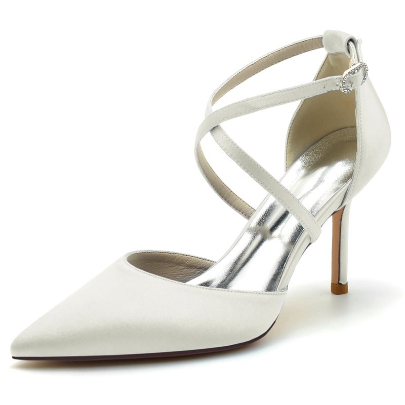 Bridal High Heel Shoes for Women with Pointed Toe and Crossed Straps