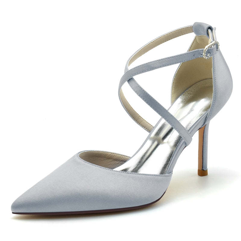 Bridal High Heel Shoes for Women with Pointed Toe and Crossed Straps
