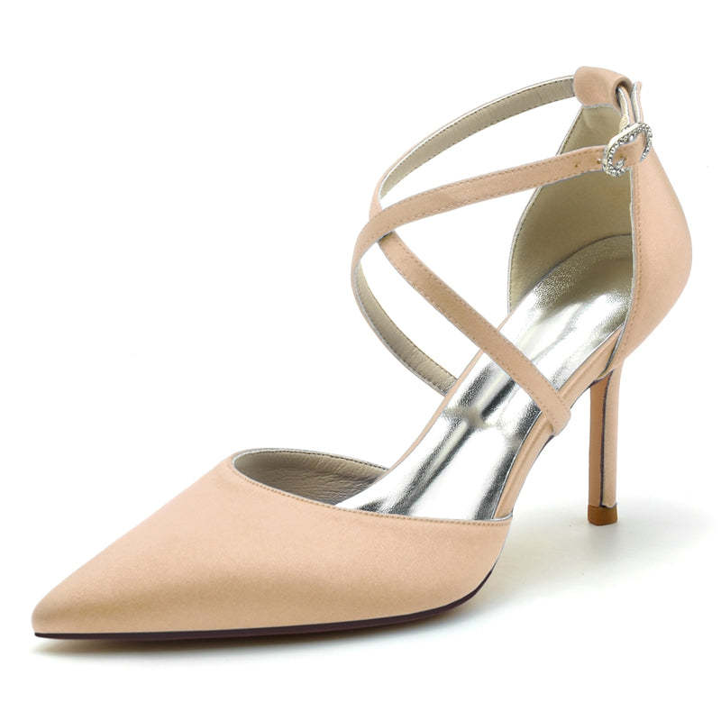 Bridal High Heel Shoes for Women with Pointed Toe and Crossed Straps