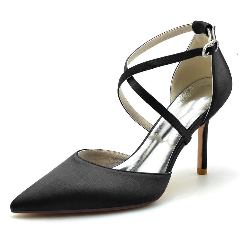 Bridal High Heel Shoes for Women with Pointed Toe and Crossed Straps