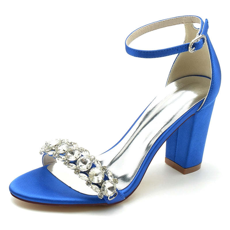 Bridal Shoes for Women with Rhinestone Buckle Strap and Open Toe Block Heel