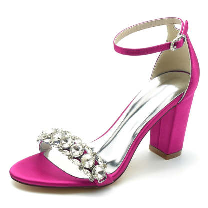 Bridal Shoes for Women with Rhinestone Buckle Strap and Open Toe Block Heel