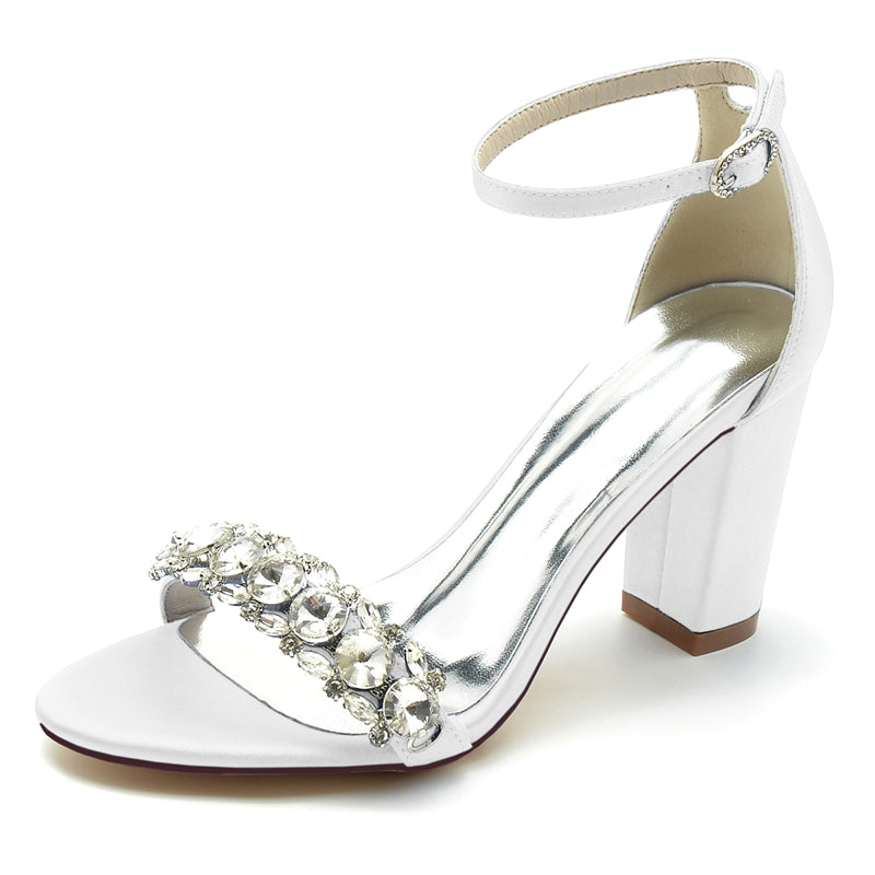 Bridal Shoes for Women with Rhinestone Buckle Strap and Open Toe Block Heel