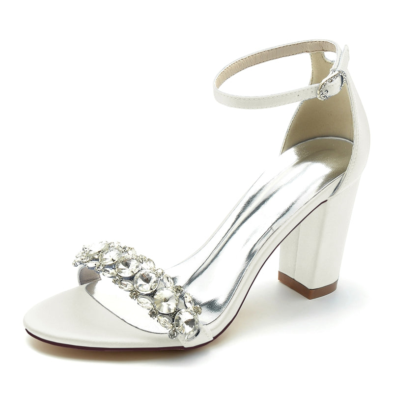 Bridal Shoes for Women with Rhinestone Buckle Strap and Open Toe Block Heel