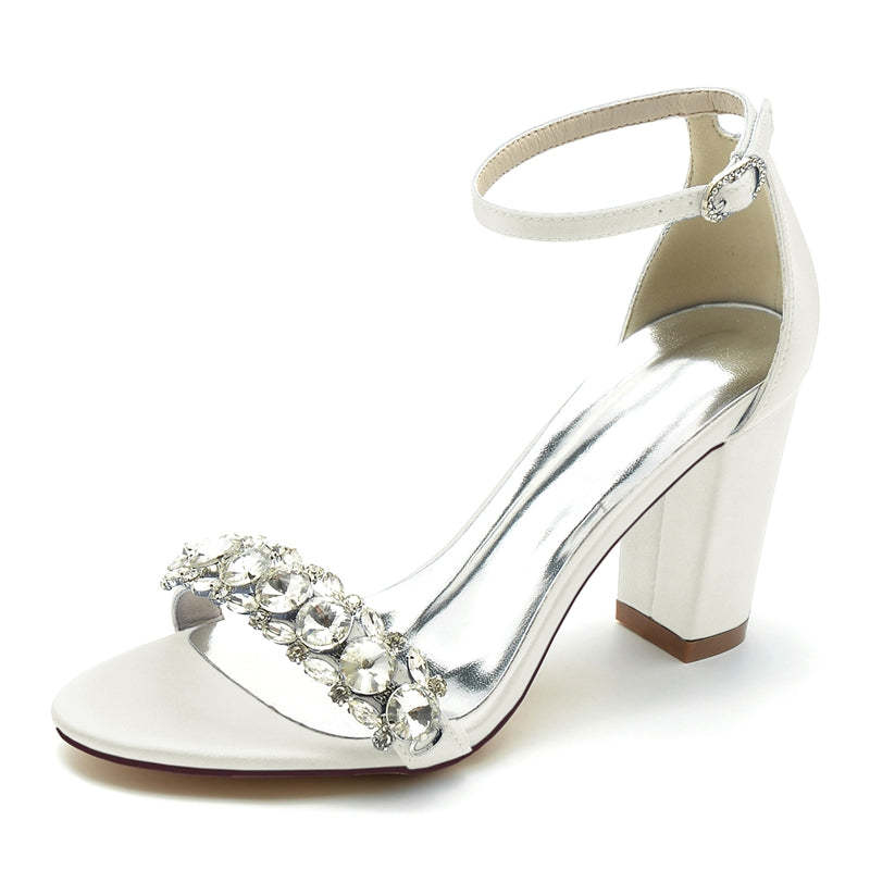 Bridal Shoes for Women with Rhinestone Buckle Strap and Open Toe Block Heel