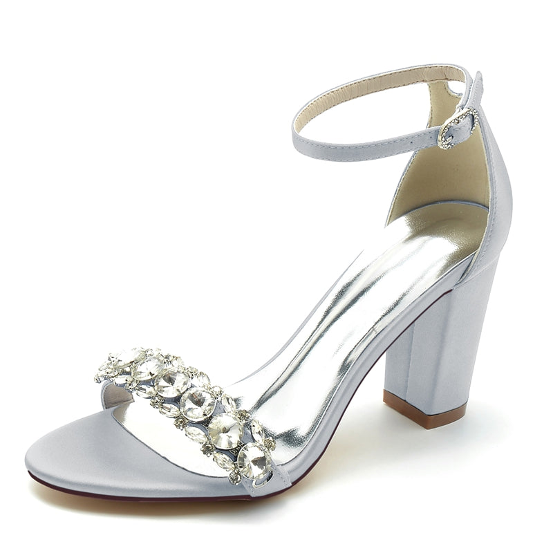 Bridal Shoes for Women with Rhinestone Buckle Strap and Open Toe Block Heel