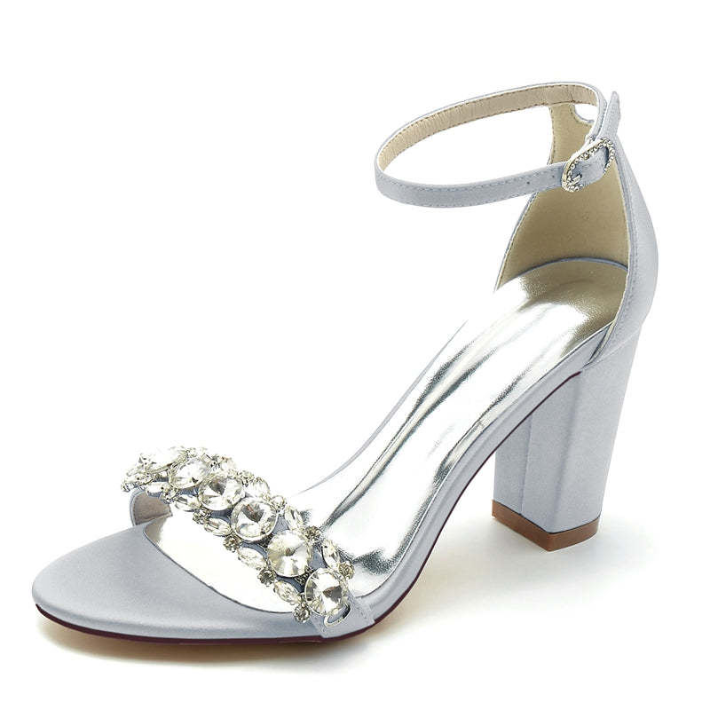 Bridal Shoes for Women with Rhinestone Buckle Strap and Open Toe Block Heel