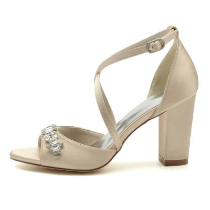 Bridal Shoes for Women with Block Heel Crossed Straps and Rhinestone Buckle