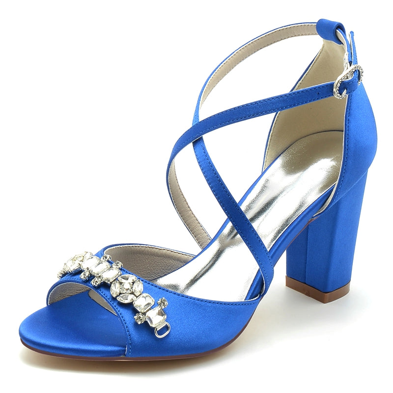 Bridal Shoes for Women with Block Heel Crossed Straps and Rhinestone Buckle