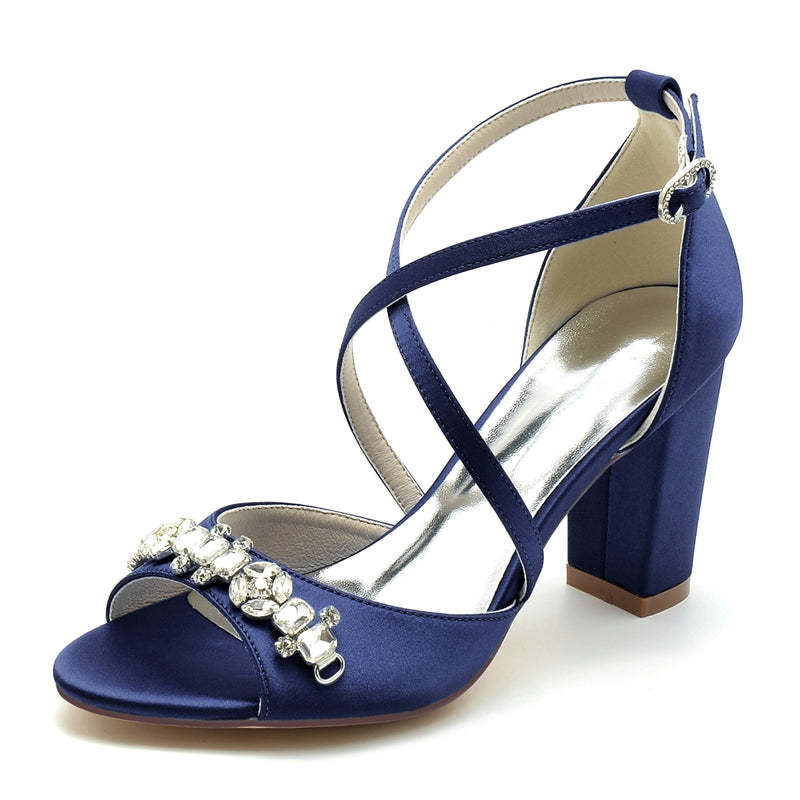 Bridal Shoes for Women with Block Heel Crossed Straps and Rhinestone Buckle