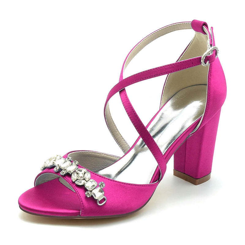 Bridal Shoes for Women with Block Heel Crossed Straps and Rhinestone Buckle