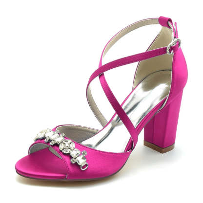 Bridal Shoes for Women with Block Heel Crossed Straps and Rhinestone Buckle