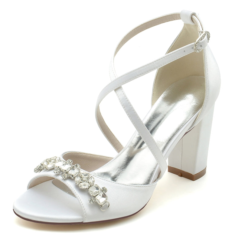 Bridal Shoes for Women with Block Heel Crossed Straps and Rhinestone Buckle