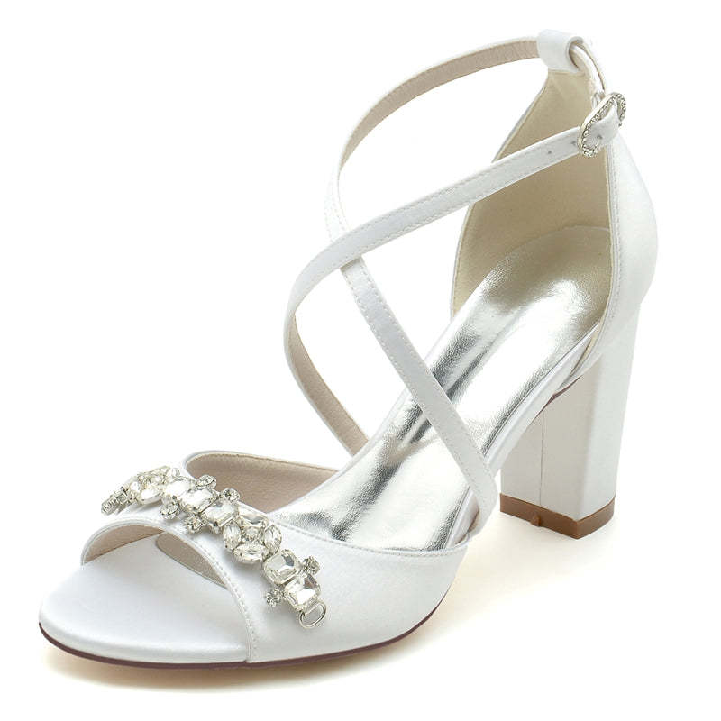 Bridal Shoes for Women with Block Heel Crossed Straps and Rhinestone Buckle