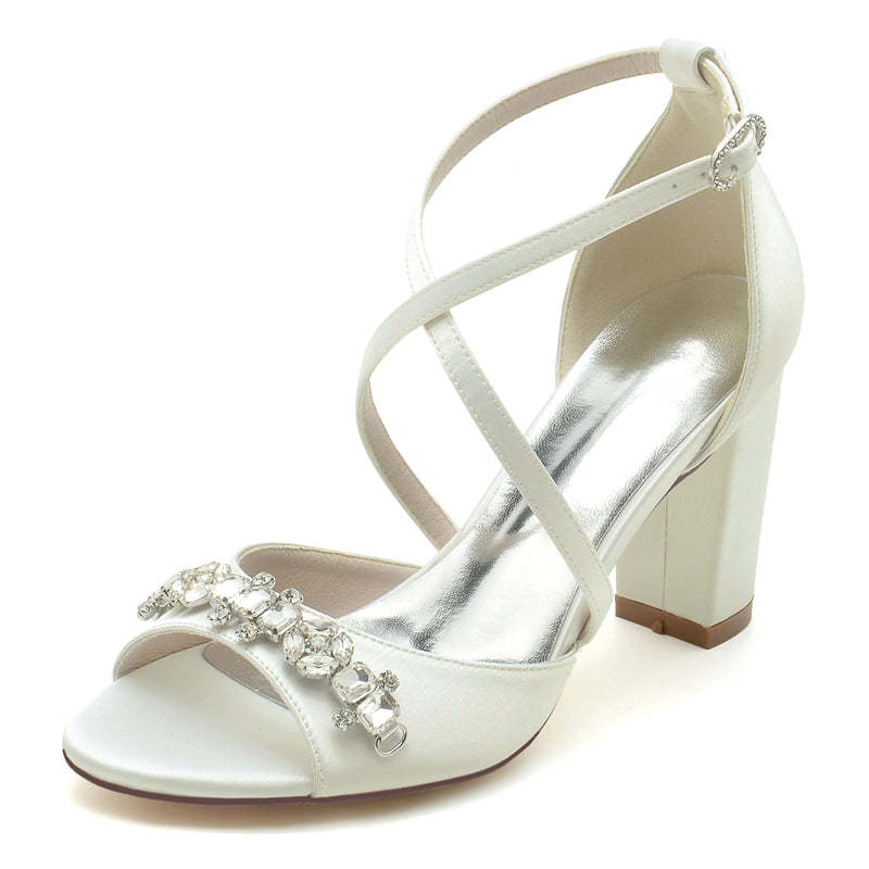 Bridal Shoes for Women with Block Heel Crossed Straps and Rhinestone Buckle