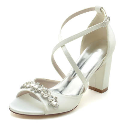 Bridal Shoes for Women with Block Heel Crossed Straps and Rhinestone Buckle