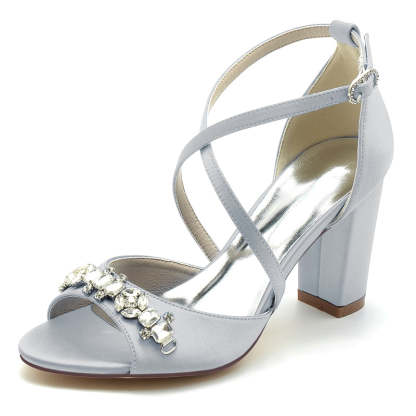 Bridal Shoes for Women with Block Heel Crossed Straps and Rhinestone Buckle