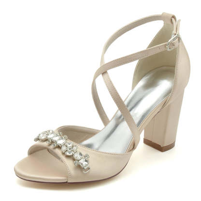 Bridal Shoes for Women with Block Heel Crossed Straps and Rhinestone Buckle